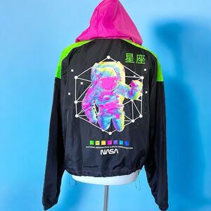 Chemistry NASA Hooded Jacket Women's XL Neon Windbreaker Rain Pullover